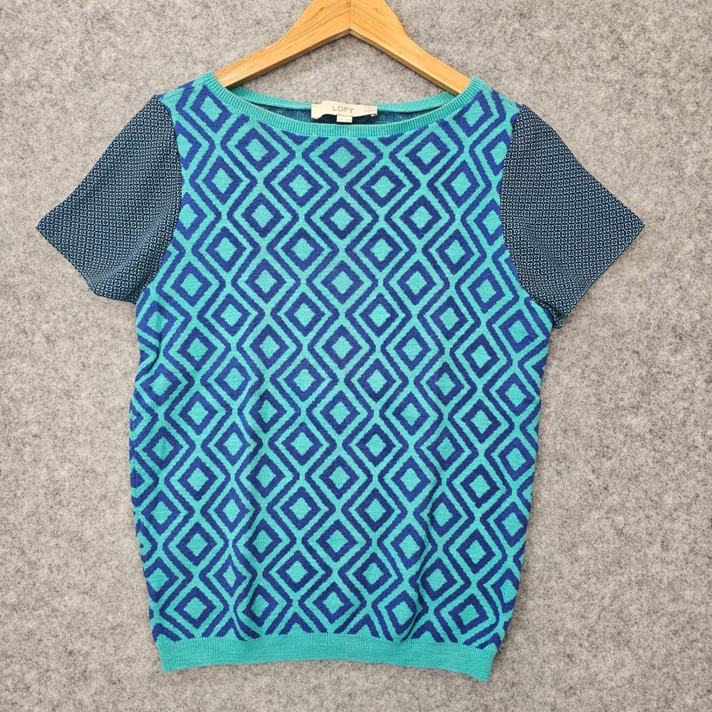 Geo Sweater‎ Top Womens S Petite Blue Teal Mixed Media Teacher LOFT Ann Taylor
